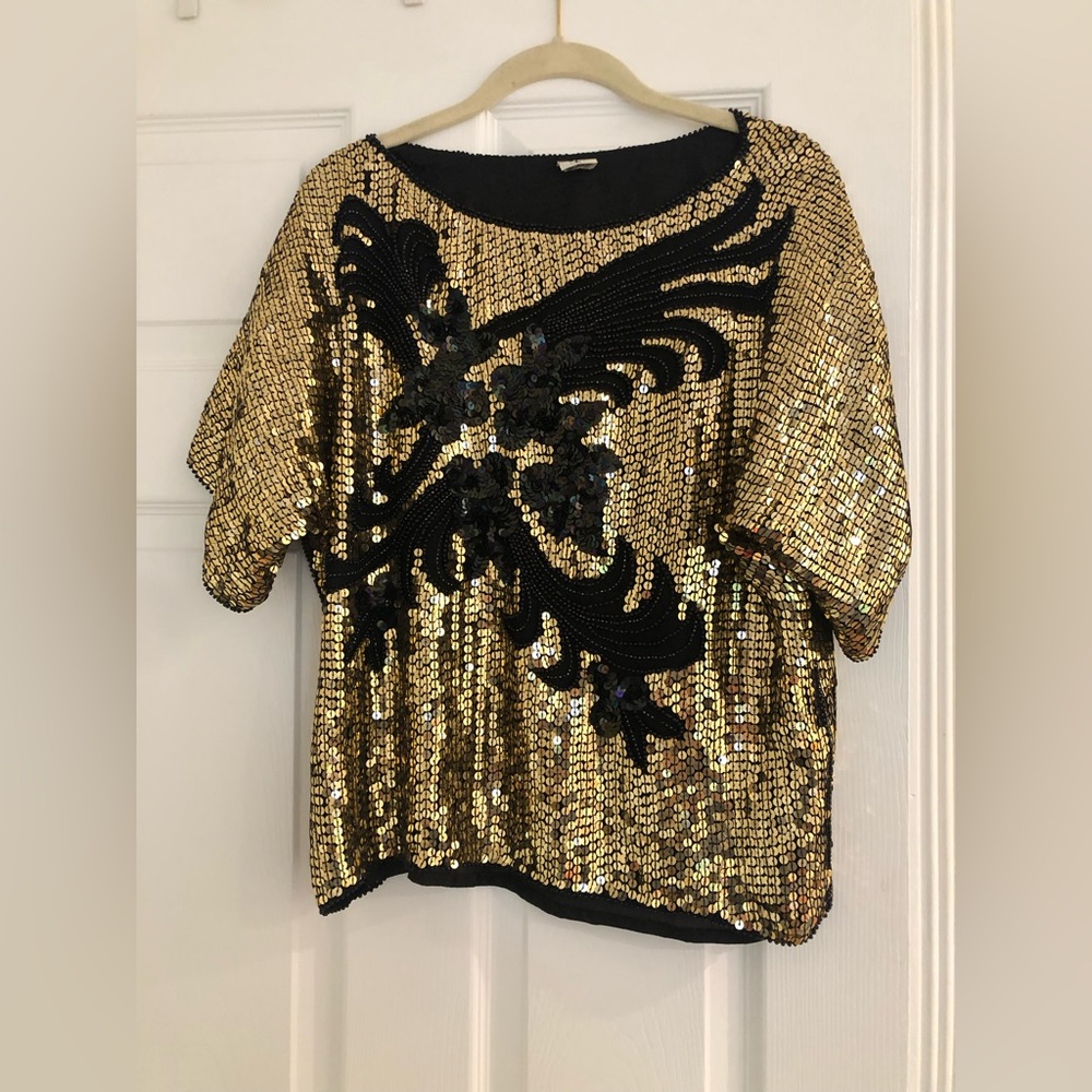 Vintage Silk and Sequin in Gold and Black Top Sz L